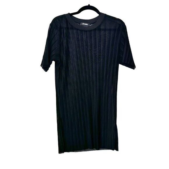 Missguided Sheer Mesh Pleated Short Sleeve Crew Neck Tunic Top Black Size 14 - Picture 1 of 5